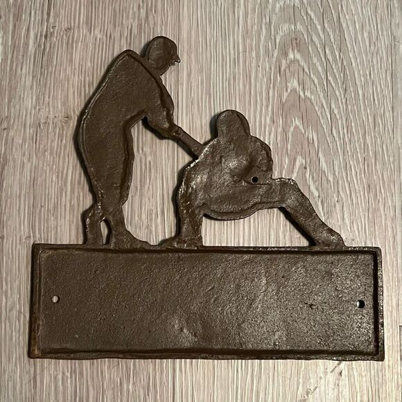 Baseball Black/Brown Cast Iron “PLAY BALL” Catcher Hitter 9” Wall Hanging Plaque - Picture 4 of 6